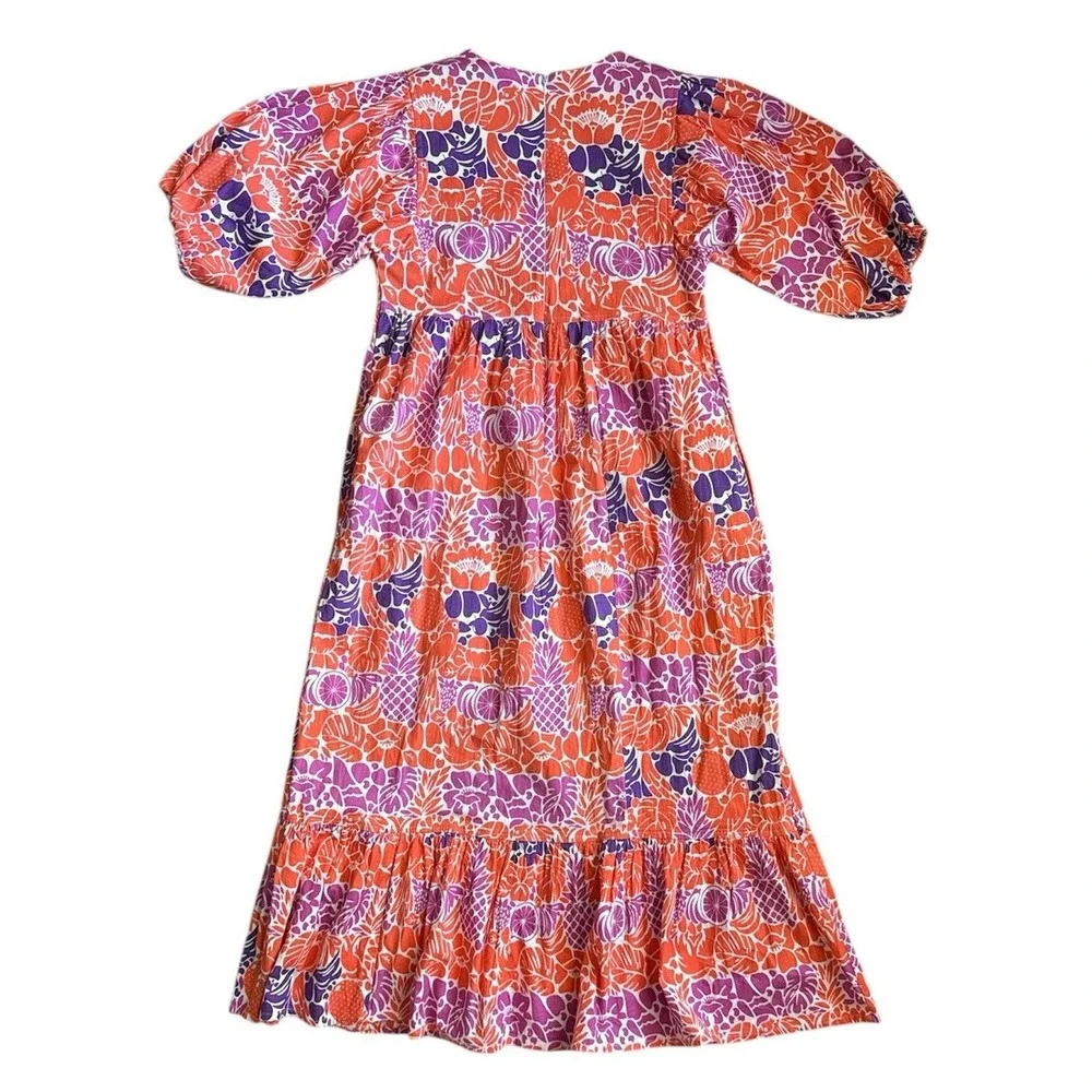 Briton Court Orchid Colorful Orange Purple Floral Midi Dress Puff Sleeves Medium - Picture 5 of 5